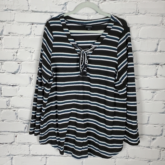 Torrid Black Stripe Lace-up Henley Top - Picture 2 of 8